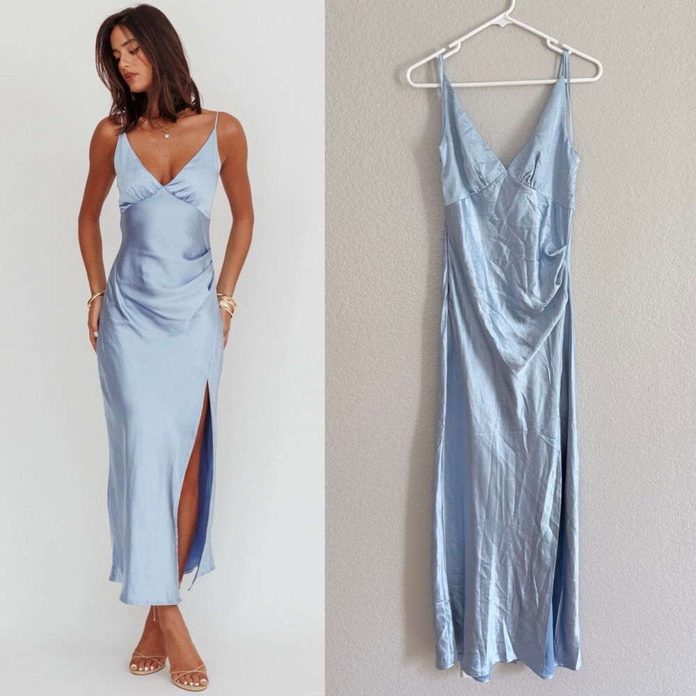 Selfie Leslie Marlie Side Pleat Maxi Dress Light Blue Satin